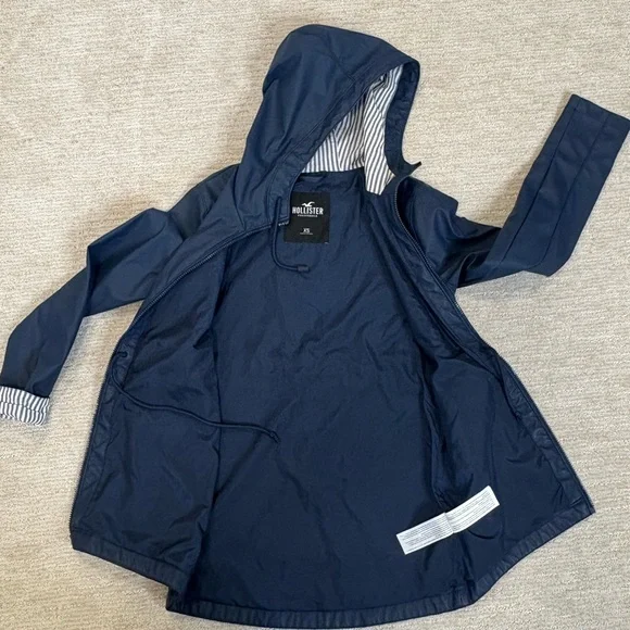 Hollister Hooded Coated Raincoat Womens Size XS Navy Cargo Pocket Anorak Shell - Picture 8 of 12